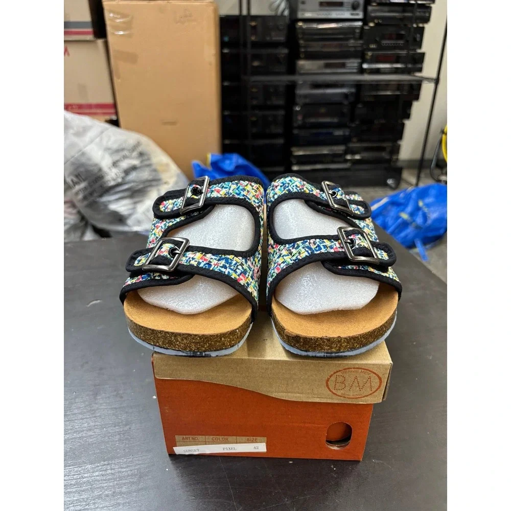 Bernie Mev Sunset Pixel Woven Buckle Slide Sandals Multi Color Womens 11 EU 42